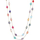 Izpack Boho Colorful Beaded Choker Necklace Adjustable Double Layered Neck Chain for Women - Gold Plated Muitl-Color Created Crystal Gem Stone Bead Ball Necklaces Dainty Stackable Jewelry