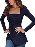 Famulily Women's Square Neck Ruched Empire Waist Tunic Tops Long Sleeve Shirt,Navy Blue,X-large