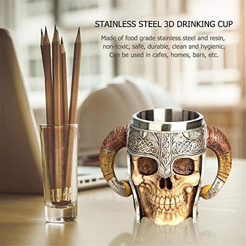 Mookis Viking Drinking Coffee Beer Mug, Stainless Steel Ram Horned Gothic Pirate Skull Mug, Medieval Style Skeleton Tankard Stein for Beer Wine Coffee Rum Drinking Water - 450 Ml(15 Oz)