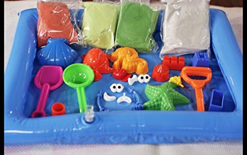 Smart Sand Bucket 1100 Grams of Sand in White, Blue, Green, Yellow + 5 Castle Moulds 4 sea Animal Moulds 2 Hands, Eyes, Cap Plastic Pieces Spade, Shovel Tools PVC Tray 16 x 16cm