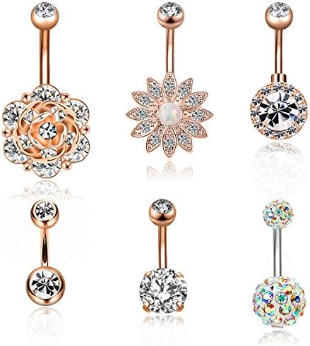 6pcs Belly Button Rings Surgical Stainless Steel 14G CZ Navel Rings Barbell Set for Women girls Body Piercing Jewelry