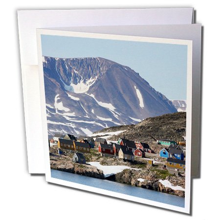 3dRose Danita Delimont - Greenland - Greenland, Scoresby Sund, Ittoqqortoormiit, colorful village houses. - 6 Greeting Cards with envelopes (gc_249626_1)