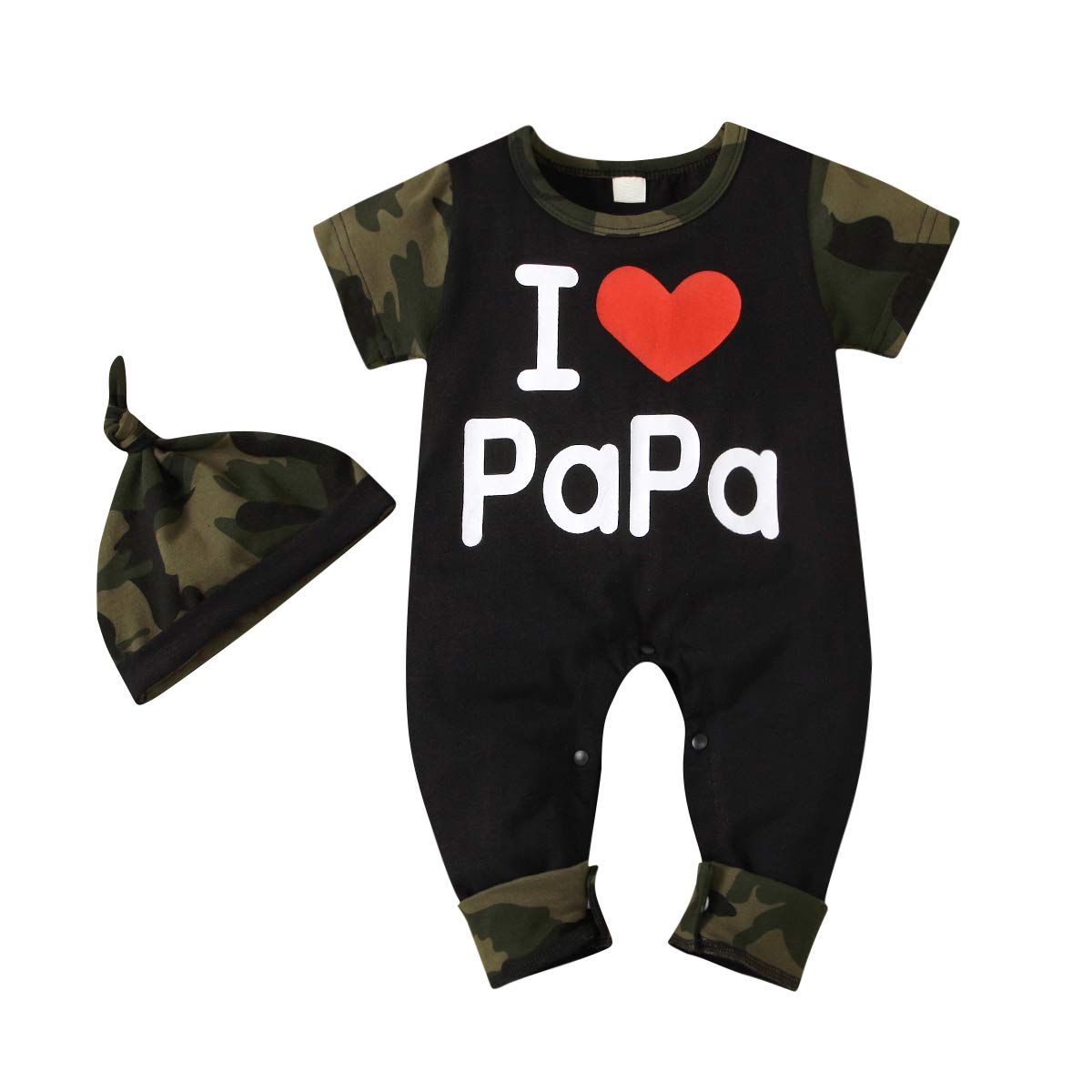 QLIPIN Baby Boy Camo Romper I Love Papa Mama One Piece Jumpsuit Short Sleeve Cotton Clothes with Hat Outfit Set