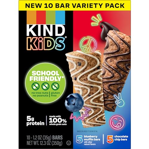 KIND KIDS SCHOOL FRIENDLY BLUEBERRY MUFFIN AND CHOCOLATE CHIP OAT BARS VARIETY PACK, TREE NUT AND PEANUT FREE, GLUTEN FREE, MADE WITH WHOLE GRAIN OATS, 5G PROTEIN, 10 COUNT
