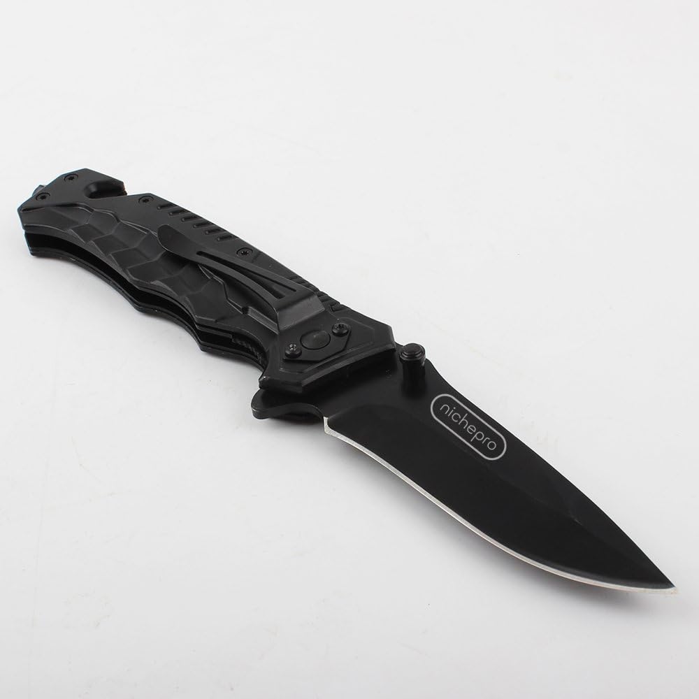 Nichepro Spring Assisted Knife - Pocket Folding Knife - Military Style - Boy Scouts Knife - Tactical Knife - Good for Camping, Indoor and Outdoor Activities (Medium, Black)