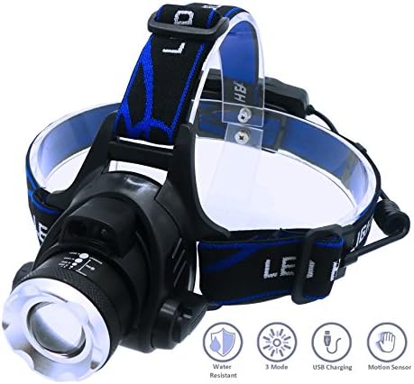 PyroSail Upgraded Motion Sensory Version 1800 Lumen T6 LED Rechargeable Focusable Zoomable Adjustable Flashlight Headlamp - Outdoor Travel Fishing Cycling Camping Hunting Running Hiking Survival Gear