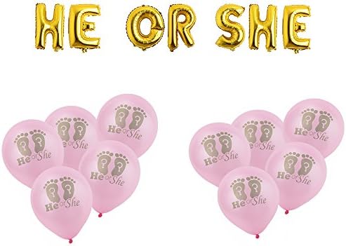32'' HE OR SHE Gold Helium Foil Mylar Balloon + 10pcs 10'' Pink Latex Balloons for Pregnancy Announcement Baby Shower Party Supplies