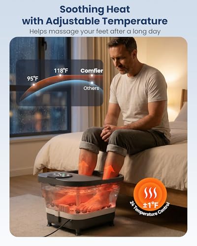 COMFIER Electric Foot Spa Massager with Heat & Automatic Rolling Massage, Adjustable Temperature, 180° Surround Water Spray, Large LED Display, Detachable Massage Plates, Gift for Family and Friends