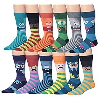 James Fiallo Mens 12 Pairs Funny Faces Striped Colorful Crew Socks, Fits shoe 6-12 (sock size 10-13), M182-12