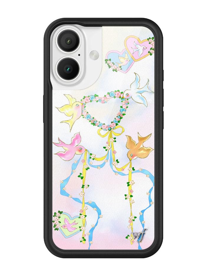 Wildflower Cases - Compatible with iPhone 16 | Protective Black Bumper, 6.5ft Drop Test Certified, Women Owned Small Business | Ribbon Bows Birds Hearts Trendy Cute Pink Blue | Dove Diaries