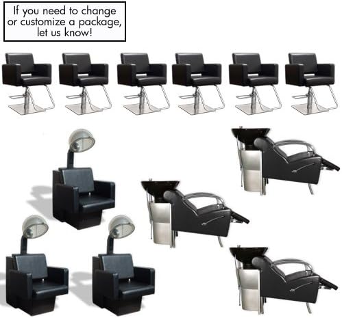 Havana Basics Black Collection - Six Stations featuring Six (6) Styling Chairs - Black w/Square Base, Three (3) Stockholm Shampoo Units Black w/ Black Bowl and VBK (White bowl is available) &amp; Three (3) Havana Dryer Chairs -Black from SalonSmart