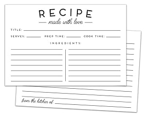 Set of 50 Premium Recipe Cards - 4x6 Double Sided - Black and White Modern Style