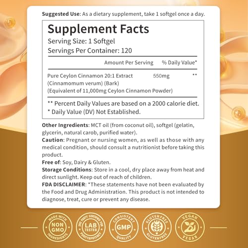 2-in-1 Organic Ceylon Cinnamon with MCT Oil Supplements Softgels, 120 Day Supply, Liposome Highly Bioavailable Extract, Energy & Metabolism Support, Non-GMO, Gluten Free, 120 Large Granule Softgels