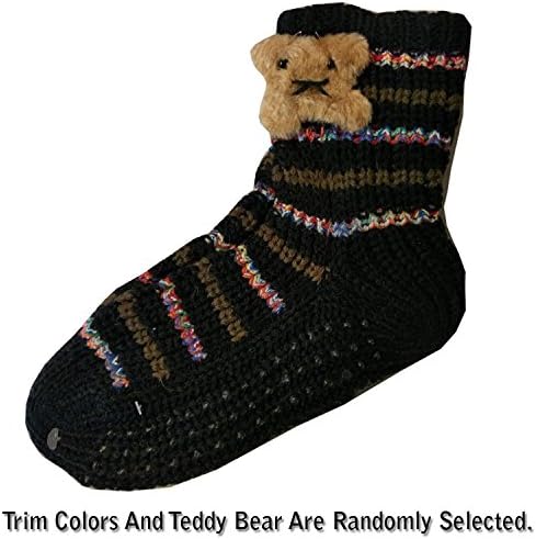 Knitted Women's Home Slipper Teddy Bear Socks with, NON Slip Bottom Assorted Colors (Socks size 9-11) (Black)