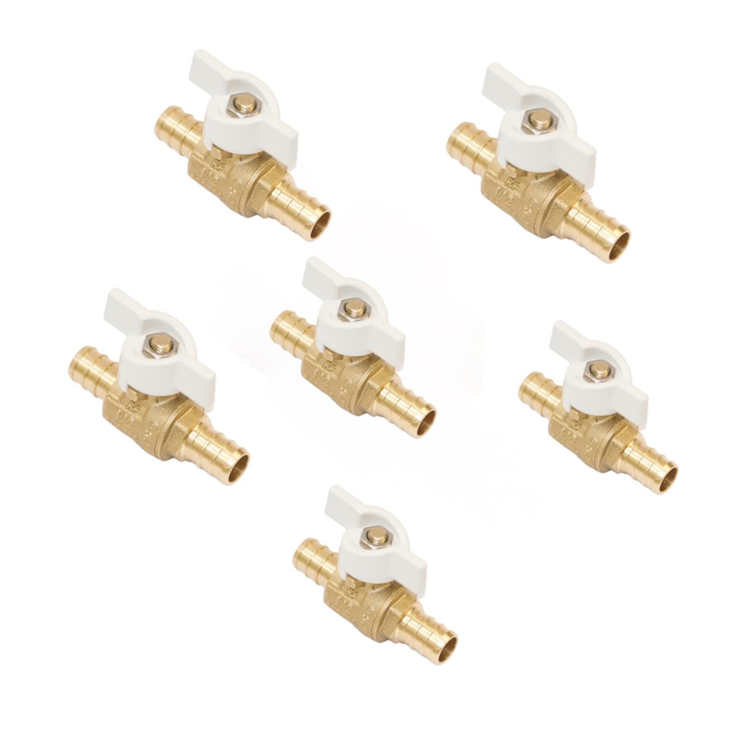 Photo 1 of Brass 1/2-in Pex Ball Valve, 1/4 Turn T-Handle Shut Off Valve, LF DZR Mini Brass Barb Valve - 6-Pack for 1/2" Pex Tubing, Hot or Cold Water