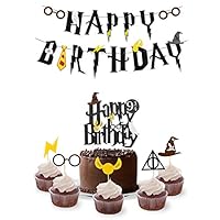Wizard Birthday Party Supplies Set - Happy Birthday Banner, Cake Topper,Cupcake Toppers - HP Theme Party Decorations