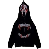 Udeniy Womens Y2K Zip Up Hoodie Men Long Sleeve Rhinestone Graphic Sweatshirts Halloween Oversized Goth Jacket Streetwear