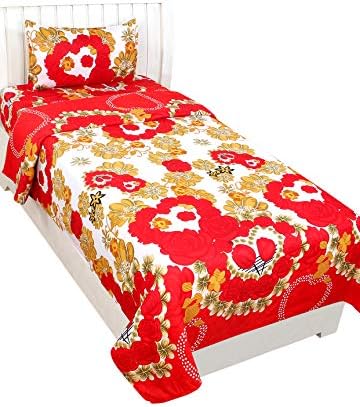 Amayra Home 144 TC Microfibre Single 3D Luxury Bedsheet with 1 Pillow Cover - Floral, Red & Tan