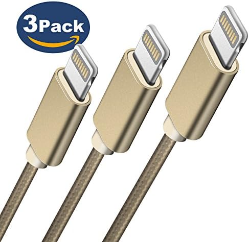 IPhone Charger, Nylon Braided 8 pin Lightning cable certified to charging Cable with charging indictor powerline for iPhone 5/5C/5S/6S/6S PLUS/7/7 plus, iPad Air, and more(Gold) (GOLD,3PC,3610FT)
