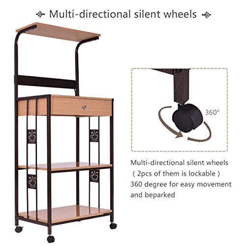 WATERJOY Bakers Rack Microwave Cart, Supreme 3-Tier Rolling Kitchen Microwave Oven Stand Storage Cart | Power Strip | Brown Metal Frame