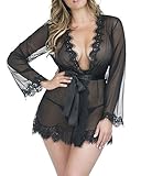 Lalagen Women's Lace Sexy Plus Size Lingerie Sleepwear Robe G-string Set black XL