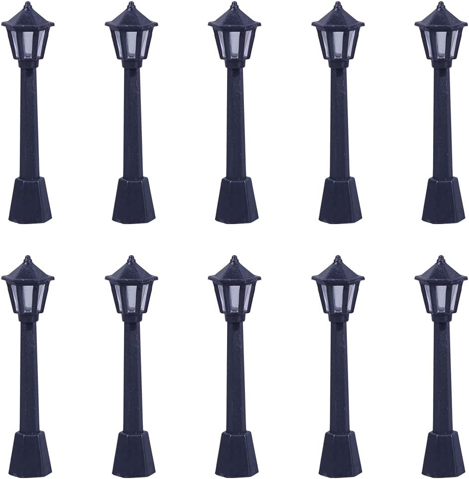 10pcs Mini Miniature Street Light Model, Railway Train Solar Lamp Post Lamps, Outdoor Pathway Lantern Post for Dollhouse Decoration Micro Landscape Fairy Garden Lighting Accessories, Black