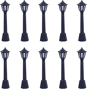 10pcs Mini Miniature Street Light Model, Railway Train Solar Lamp Post Lamps, Outdoor Pathway Lantern Post for Dollhouse Decoration Micro Landscape Fairy Garden Lighting Accessories, Black