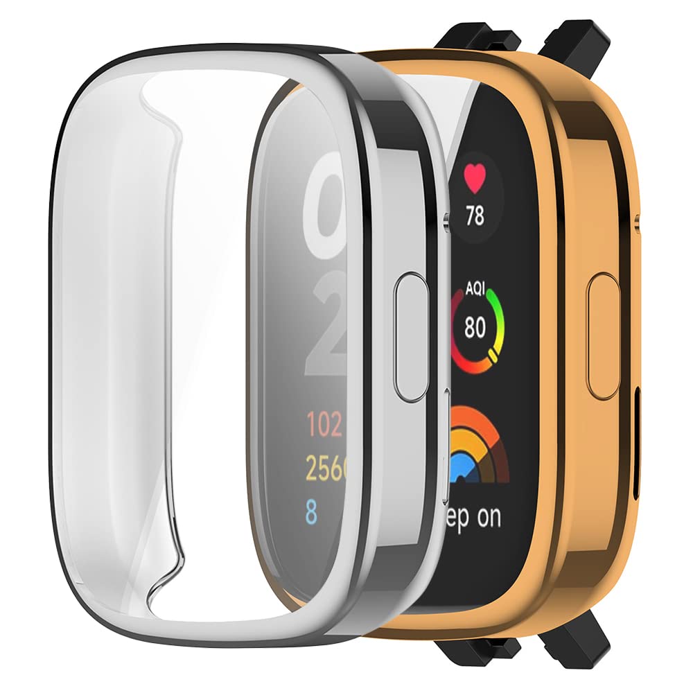 Msiall Pack of 2 Case Compatible with Redmi Watch 3 Protective Case, Flexible TPU Full Protection Screen Protector Scratch-Resistant Screen Protector Case with Redmi Watch 3 Rose Gold Silver