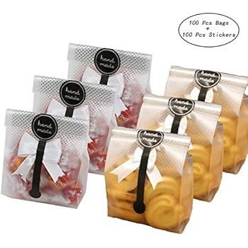 SAILING-GO 100 pcs./Pack Translucent Plastic Bags for Cookie,Cake,Chocolate,Candy,Snack Wrapping Good for Bakery Party with Stickers