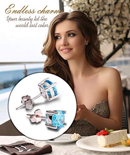 UHIBROS Sterling Silver Birthstone Stud Earrings Round Cubic Zirconia Diamond March Gifts