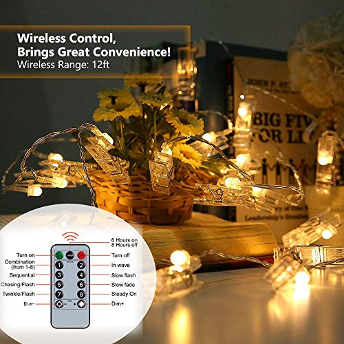 Photo Clips String Lights,40 LED Fairy String Lights for Hanging Pictures,8 Lighting Modes USB/Battery Powered Decor Lights with Remote for Bedroom Wedding Parties (19.7 ft/Warm White) - Thumbnail 2