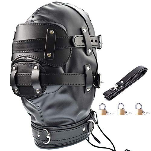 Leather Bondage Gimp Mask Hood, Full Face Blindfold Mask Hood Lockable & Dildo Penis Mouth Gag Breathable Restraint Head Hood, for Unisex Adults Couples, BDSM/LGBT Restraint Training Toy Fetish Mask