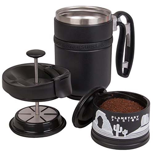 BruTrek Double Shot 3.0 Travel French Press Coffee Mug - Bru-Stop Insulated Stainless Steel Mug with Non-Slip Grip, Obsidian, 16 oz Cup