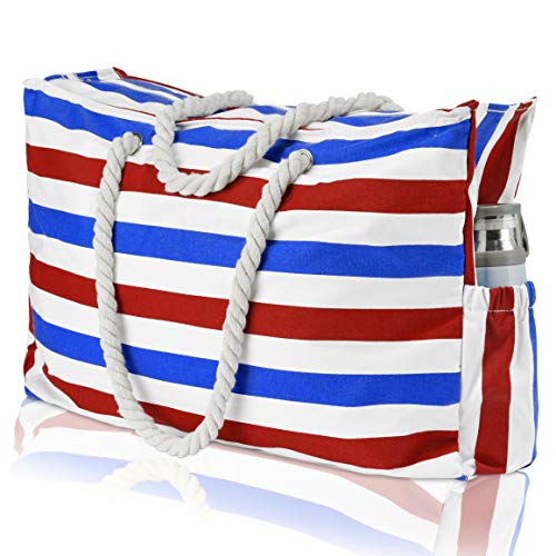 Waterproof Beach Bag, L22"xH15"xW6"(XXL), KUAK Extra Large Beach Bag with Waterproof Phone Case, Key Holder, Bottle Opener, Top Zipper, Two Outside Pockets, Stripes Beach Bags and Totes for Women