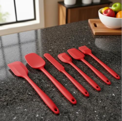 Kit 6 Espátulas de Silicone Premium Antiaderente - Kit Cozinha e Confeitaria Resistente ao Calor com Espátula Pão Duro Grande e Pequena, Pincel, Espátula Reta e Vazada