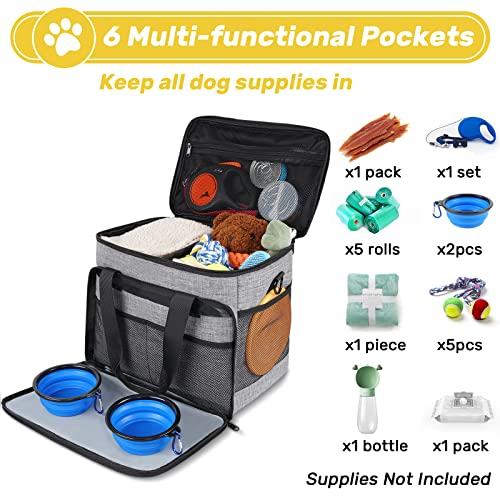 6 Set Dog Travel Bag, Large Pet Travel Kit for Supplies Includes 2 Food Containers, 1 Travel