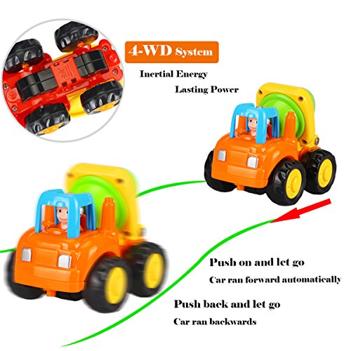 Dreampark Friction Powered Cars Push and Go Cars Inertia Toy Early Educational Toddler Baby Toy Tractor Bulldozer Dumper Cement Mixer Engineering Vehicles Toys Gift for Kids (4 PCS)