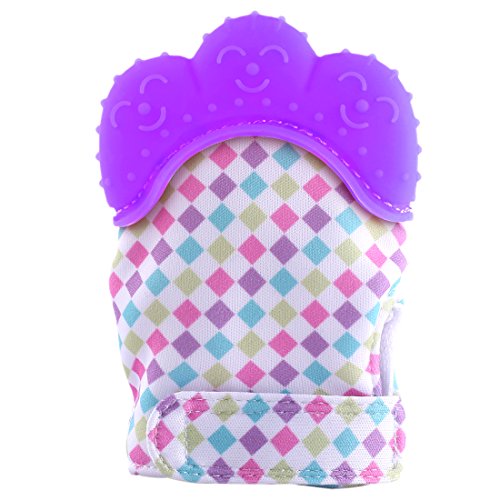 Teething Mitten, FenglinTech 2PCS Baby Soothing Teether Crawling Protective Gloves with Hygienic Travel Bag - (Purple)