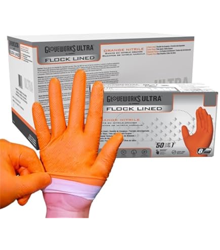 GLOVEWORKS Orange Disposable Gloves, Flock-Lined Nitrile Gloves