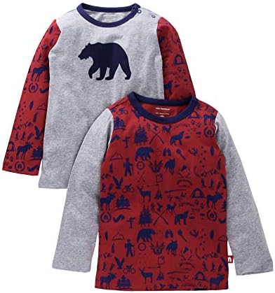 Nino Bambino 100% Pure Organic Cotton Round Bordered Neck Full Sleeve Animal Printed Baby Boy's Red & Grey T-Shirt Set (Pack of Two)
