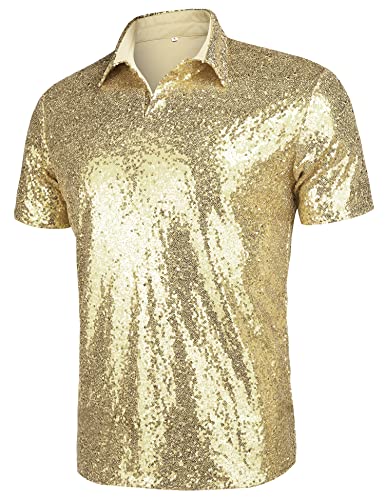 ASTOSEU MENS 70S DISCO SHINY SEQUINS SHORT SLEEVE TURNDOWN SPARKLE NIGHTCLUB PARTY POLO T-SHIRT TOPS LIGHT CHAMPAGNE S
