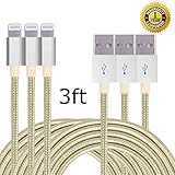 W-Sincerely 3pcs 3FT Lightning Cable Popular Nylon Braided Charging Cable Extra Long USB Cord for iphone 6s, 6s plus, 6plus, 6,5s 5c 5,iPad Mini, Air,iPad5,iPod on iOS9.(white+gold)