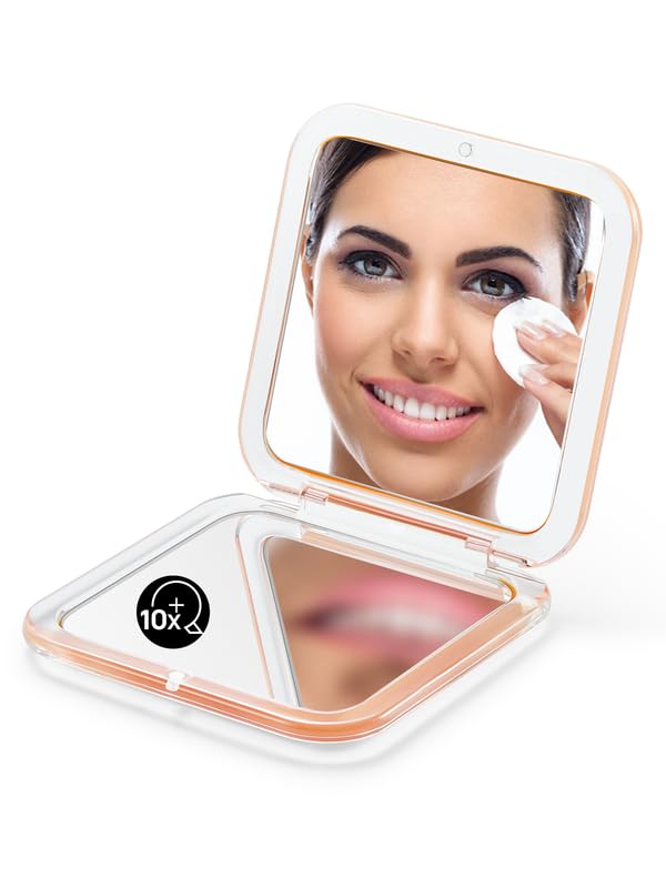 OMIRO Compact Mirror, 1X/10X Magnifying Travel Mirror, Pocket Mirror for Handbag-Foldable, Lightweight, Square, 8.9 cm (Peach Fuzz)
