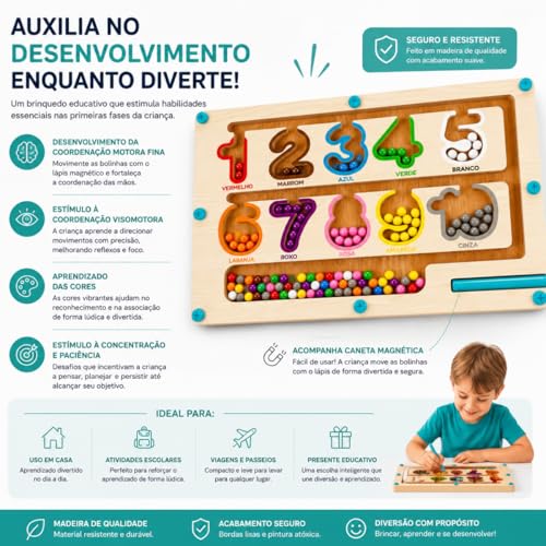Labirinto Magnético de Madeira Infantil com Cores e Números – Brinquedo Educativo com Caneta Magnética – Coordenação Motora e Reconhecimento de Cores Montisessorial