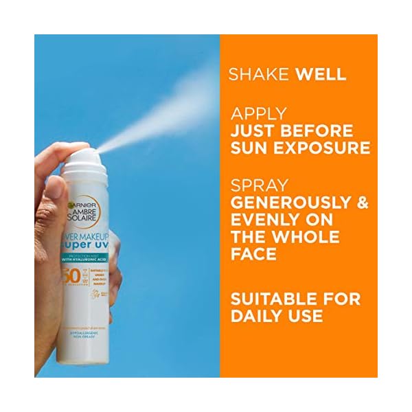 Garnier-Ambre-Solaire-Over-Makeup-Super-UV-Protection-Mist-SPF50-75-ml-With-Hyaluronic-Acid-Light-Texture-Non-Greasy-Spray-Protects-and-Hydrates-Skin-Packaging-May-Vary Garnier Ambre Solaire SPF 50 Super UV Over Makeup Mist for Face, High Protection Against UVA & UVB, Hyaluronic Acid…