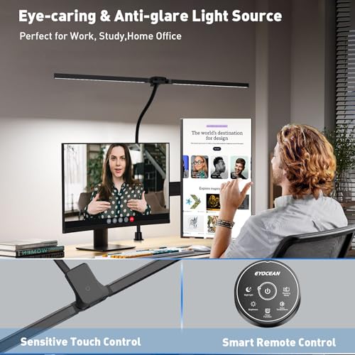 EYOCEAN 24W 80cm Dual Head Clip On Desk Lamp Daylight Desk Lamp with Remote Control Dimmable Monitor Lamp Gooseneck Eye Protection Black