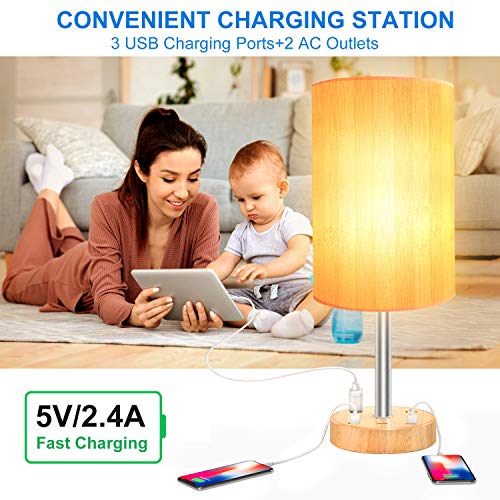 USB Table Lamp,Touch Control Lamp with 3 USB Charging Ports and 2 AC Outlets,Dimmable Bedside Nightstand Lamp with Wooden Base,Perfect for Bedroom,Living Room,Office,Study Desk(8W LED Bulb Included)