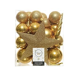 Petangashop 33 kerstballen + kant geel mosterdgeel gesorteerd kerstboom decoratie