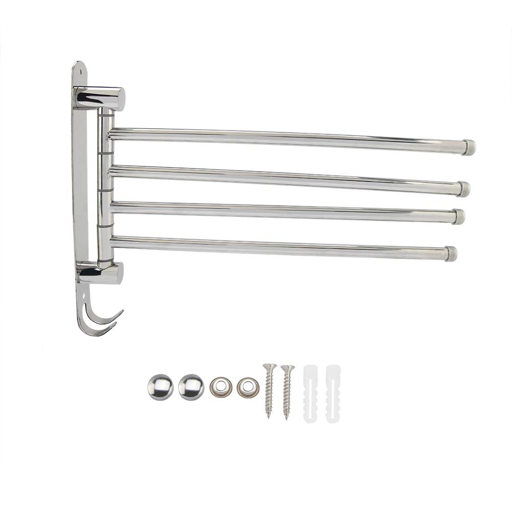 Garosa Stainless Steel Towel Bar 4-Pack, Wall Mounted Swivel Rack with Hooks, 180° Rotating, Silver Bathroom Kitchen Organizer, 26.5 x 36.5 cm