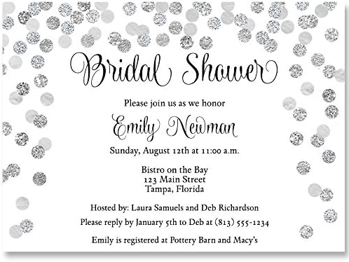 Bridal Shower Invitations, Silver, Confetti, Glitter, Black, Sparkle, Bling, Wedding Shower, Champagne Brunch, Personalized, Set of 10 Custom Printed Invites with Envelopes, Brunch and Bubbly, Silver